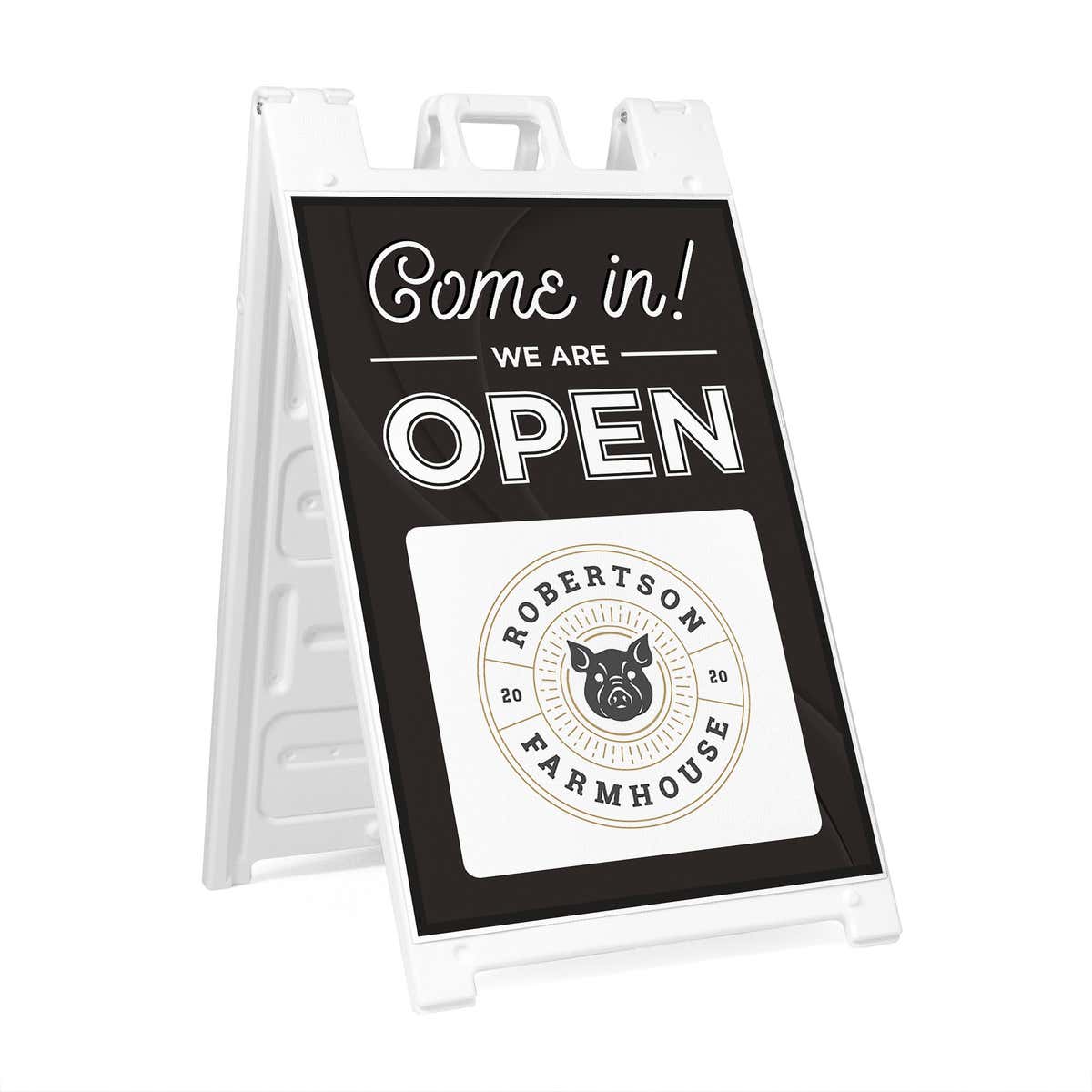 A sandwich board sign for a farmhouse that says We Are Open and features their logo