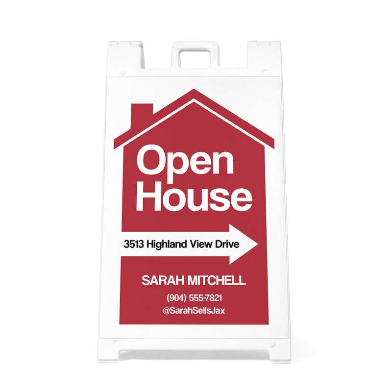 An open house sandwich board sign hosted by a private owner