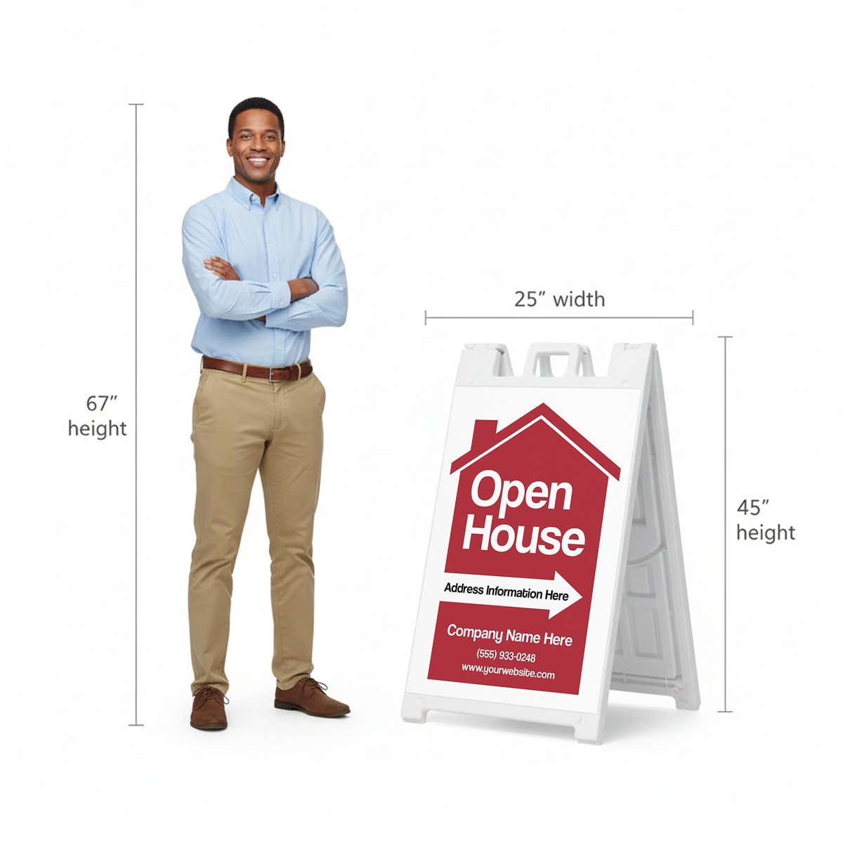 A 67-inch tall man standing next to the 45-inch tall A-frame to show the height comparison