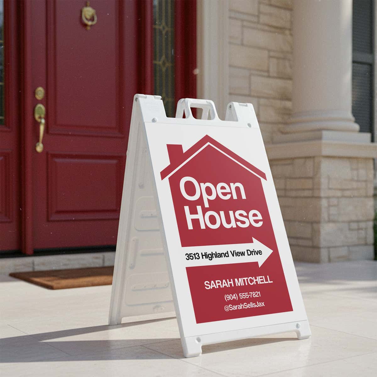 An open house sandwich board sign with custom information displayed outside of a house