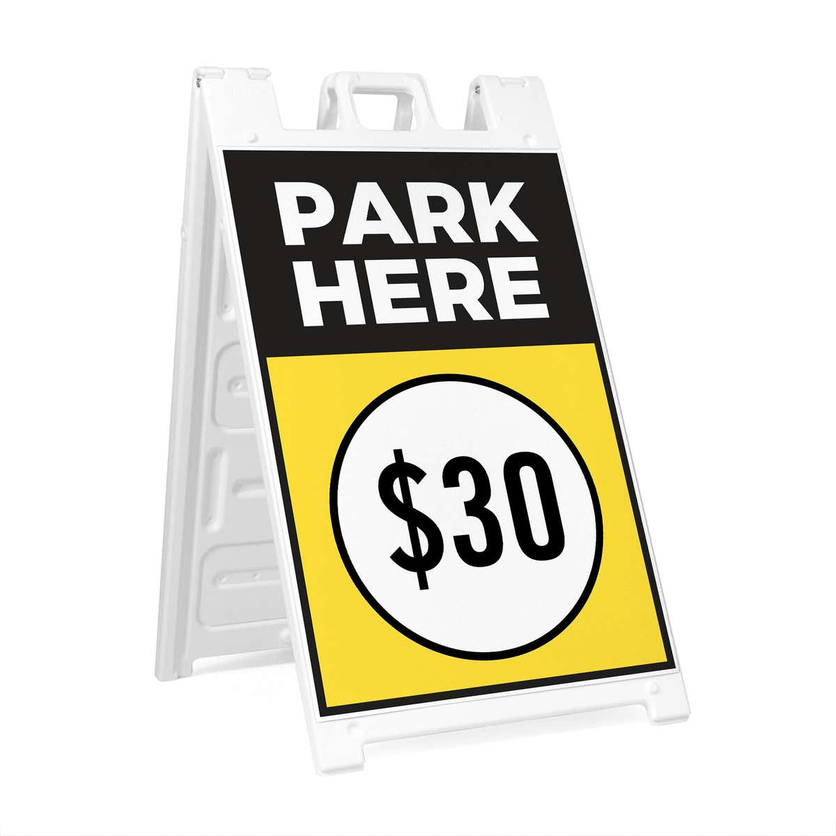 The side angle of the park here sandwich board sign