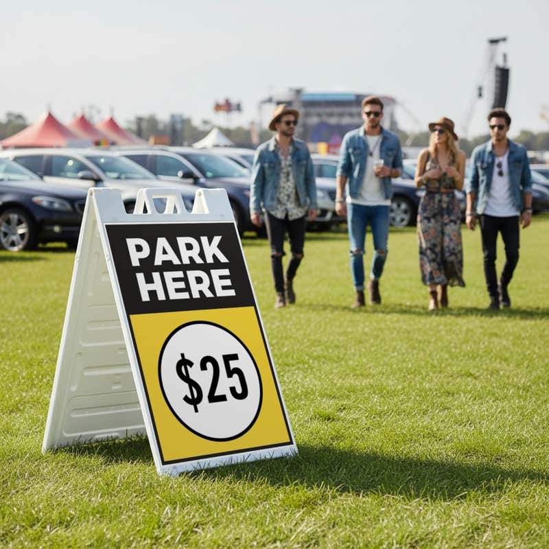 A $25 park here sandwich board displayed at a festival