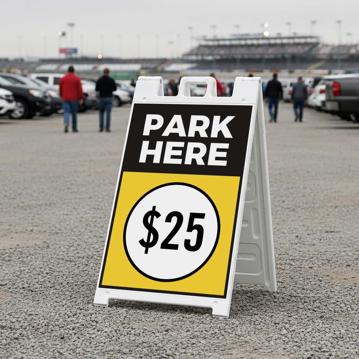 A $25 park here sandwich board displayed near a stadium 