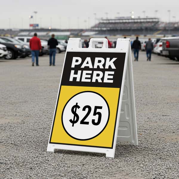 A $25 park here sandwich board displayed near a stadium 