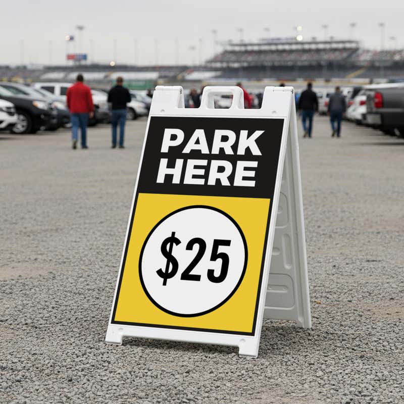 A $25 park here sandwich board displayed near a stadium 
