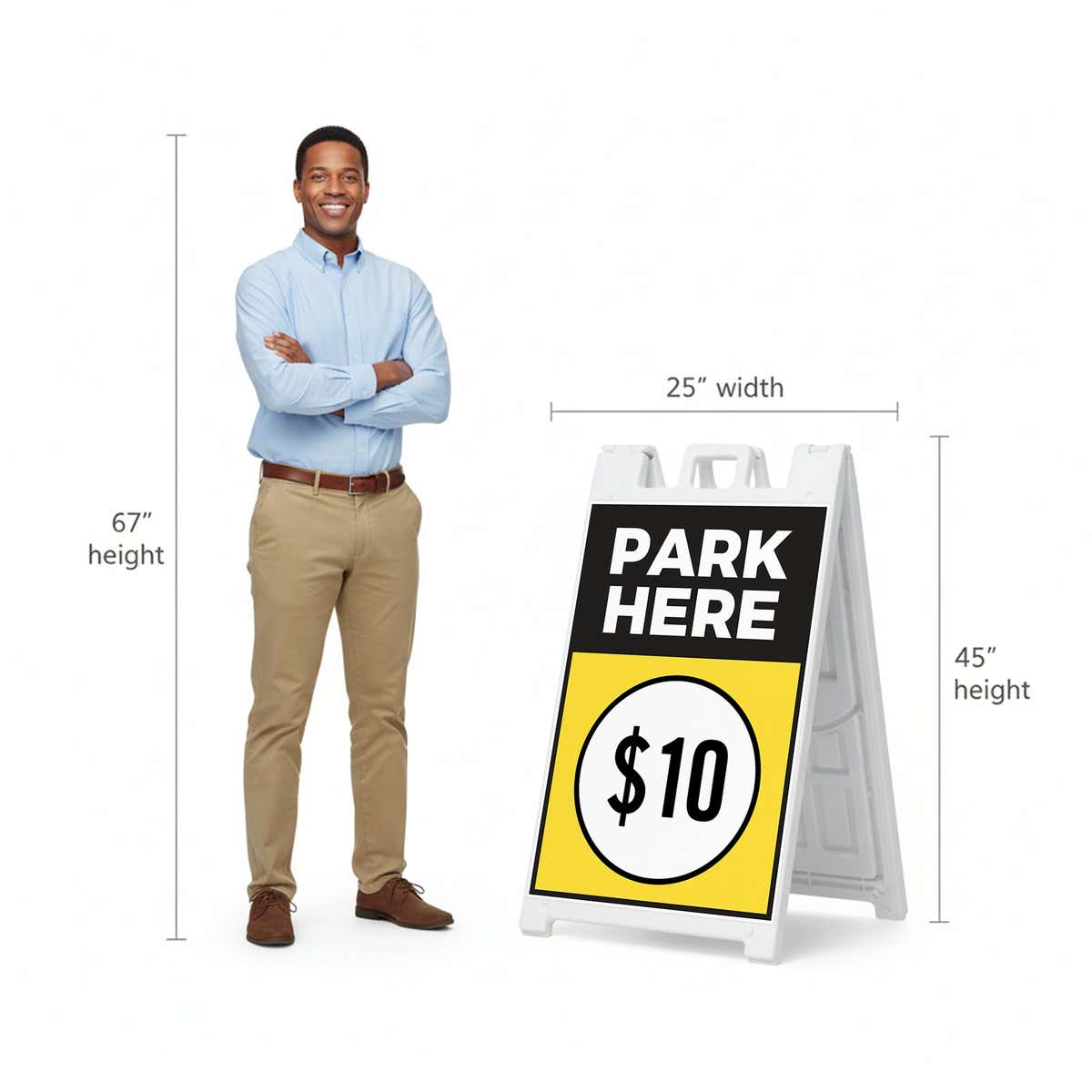 A 67-inch tall man standing next to the 45-inch tall A-frame to show the height comparison