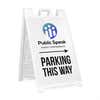 A Parking This Way sandwich board sign with an event conference logo
