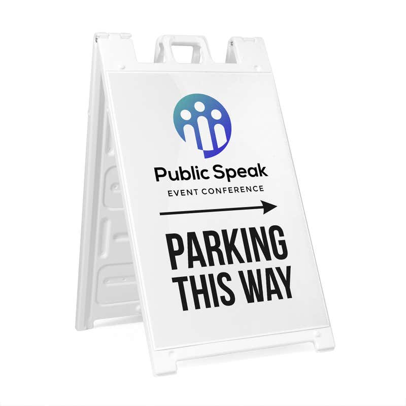 A Parking This Way sandwich board sign with an event conference logo