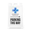 The Parking This Way sandwich board sign with an arrow and a medical logo