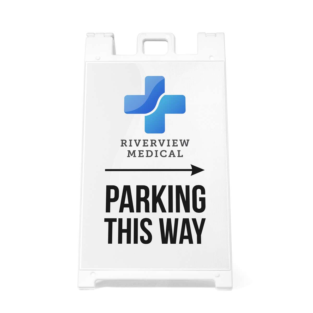 The Parking This Way sandwich board sign with an arrow and a medical logo