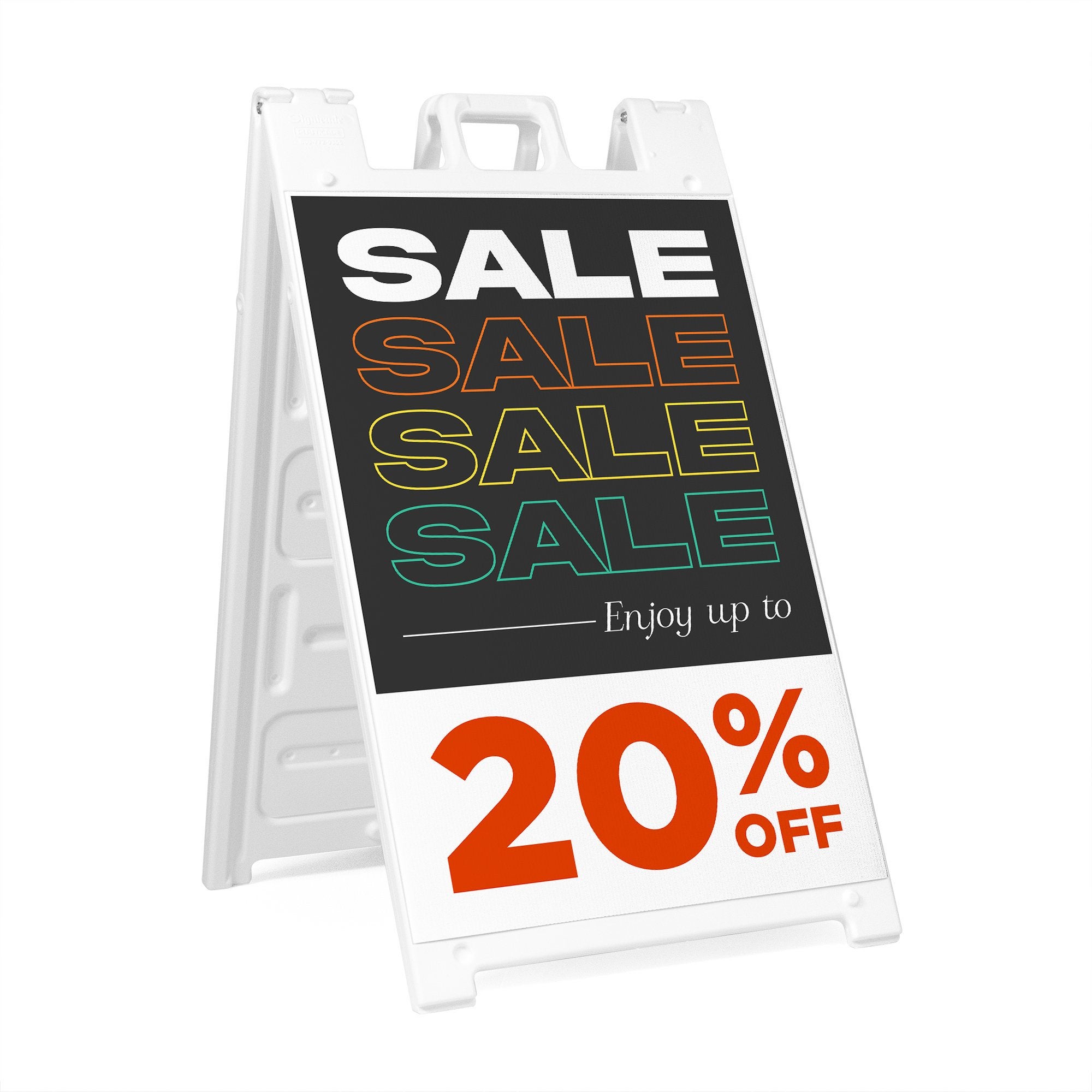 The side view of a custom sale sandwich board sign for 20% off