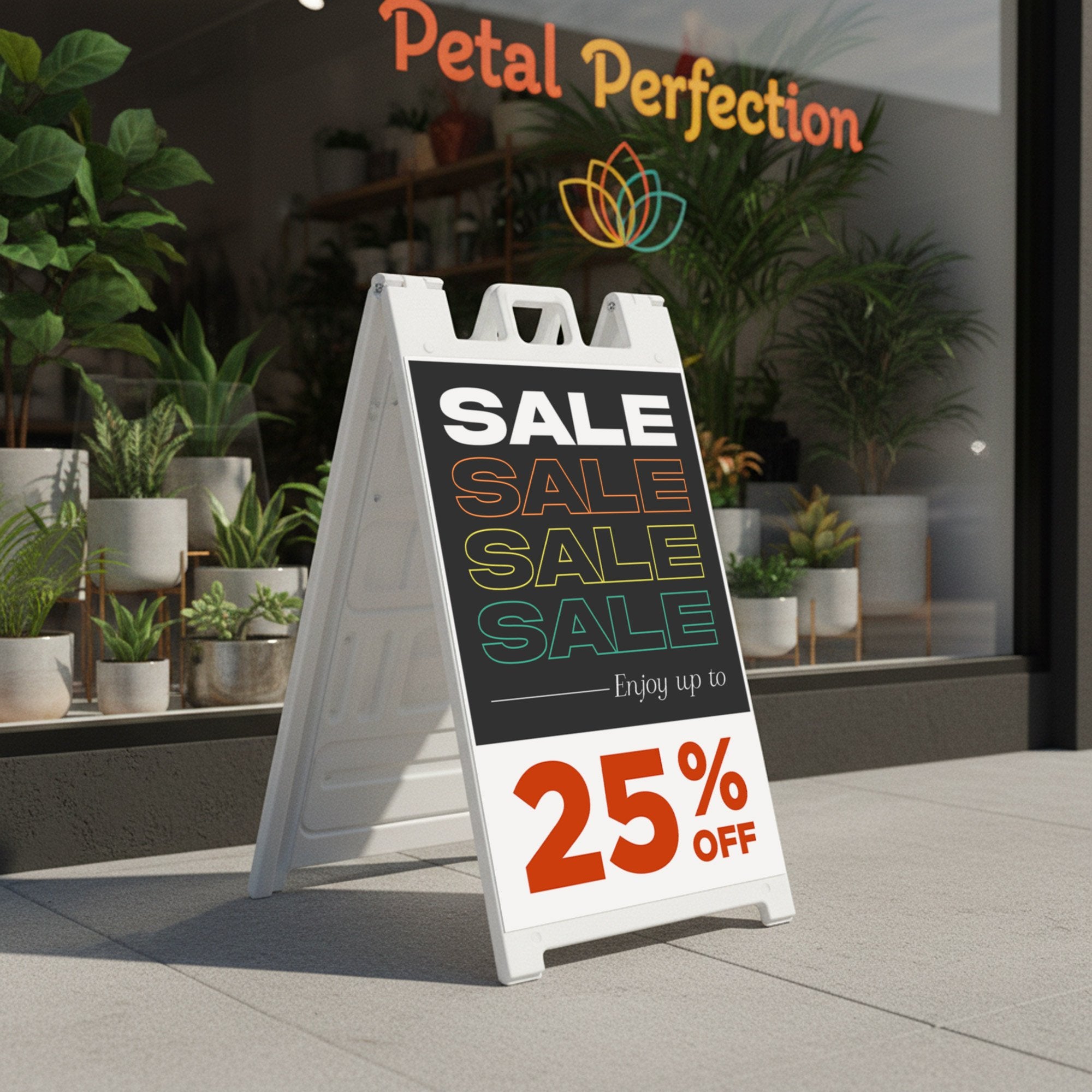 A 25% off sale sidewalk sign placed outside of a store