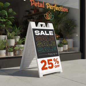 A 25% off sale sidewalk sign placed outside of a store