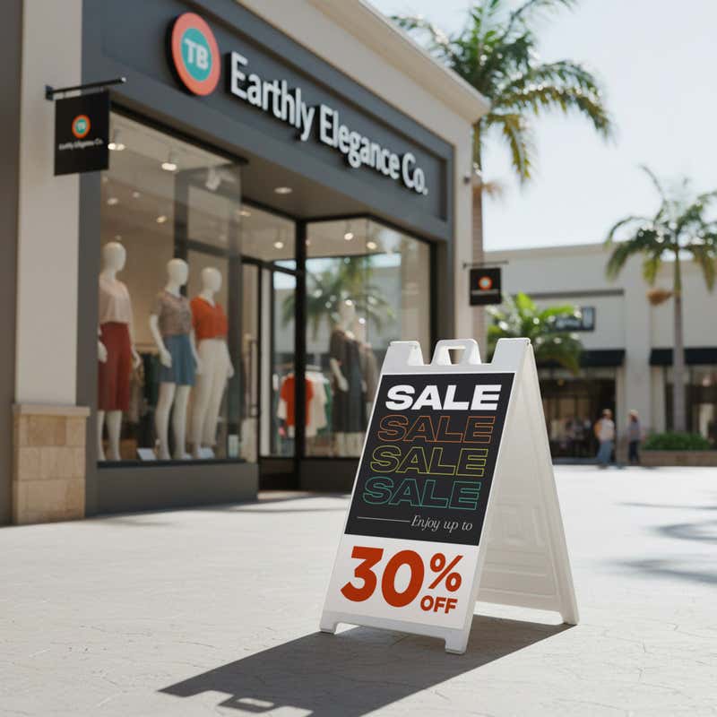 A 30% off sale sandwich board sign outside in front of a store