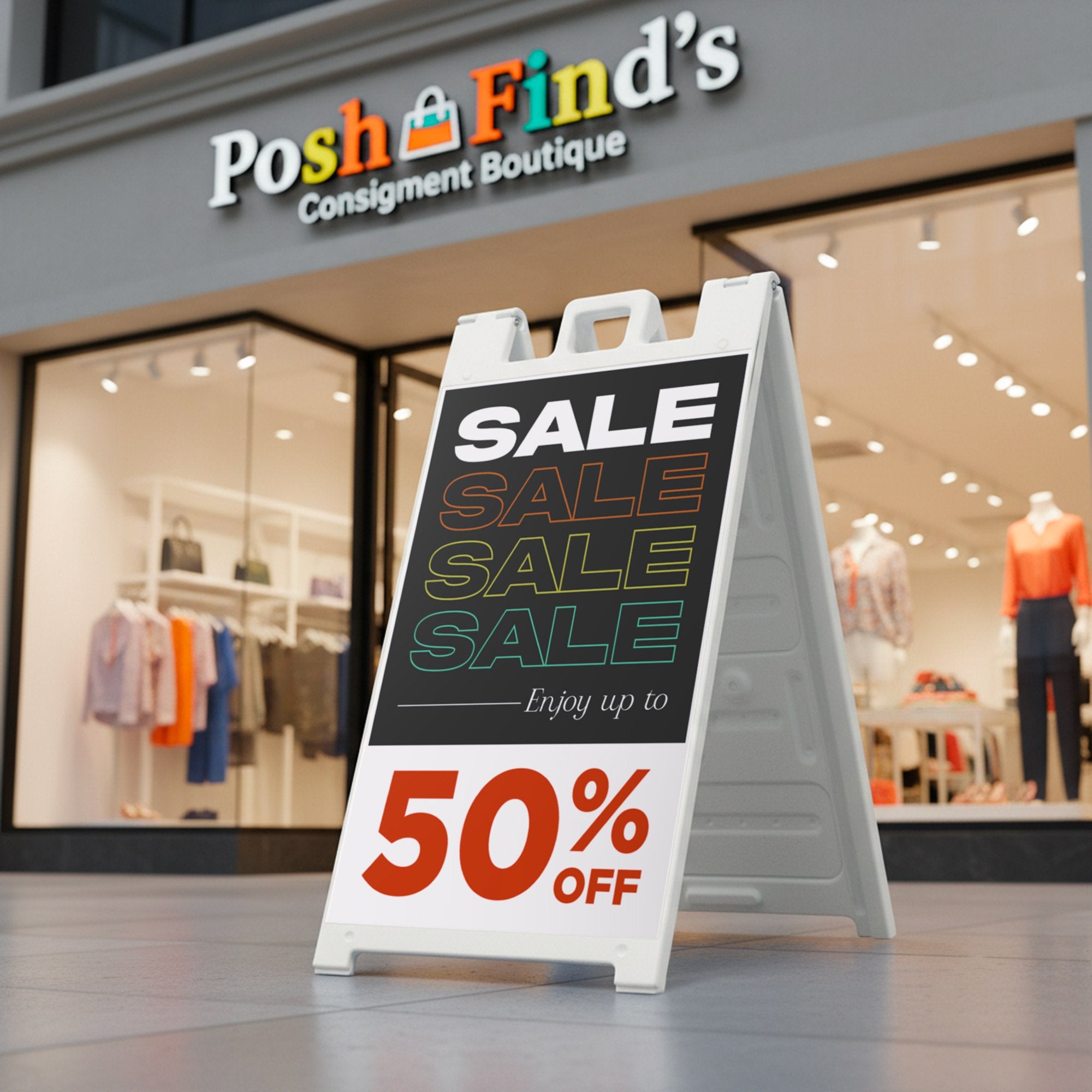 A 50% off sale A-frame sign placed outside of a store in an indoor mall