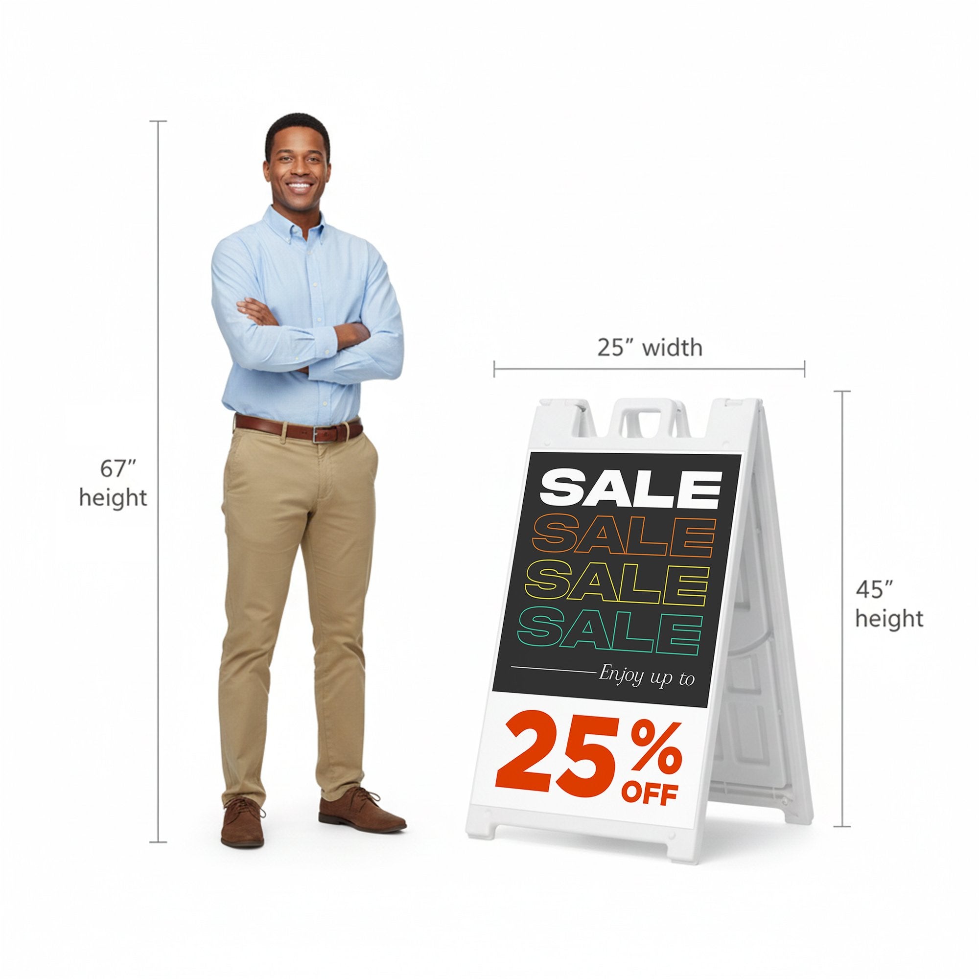 A 67" tall man standing next to the 45" tall  sale A-frame sign to show the height comparison