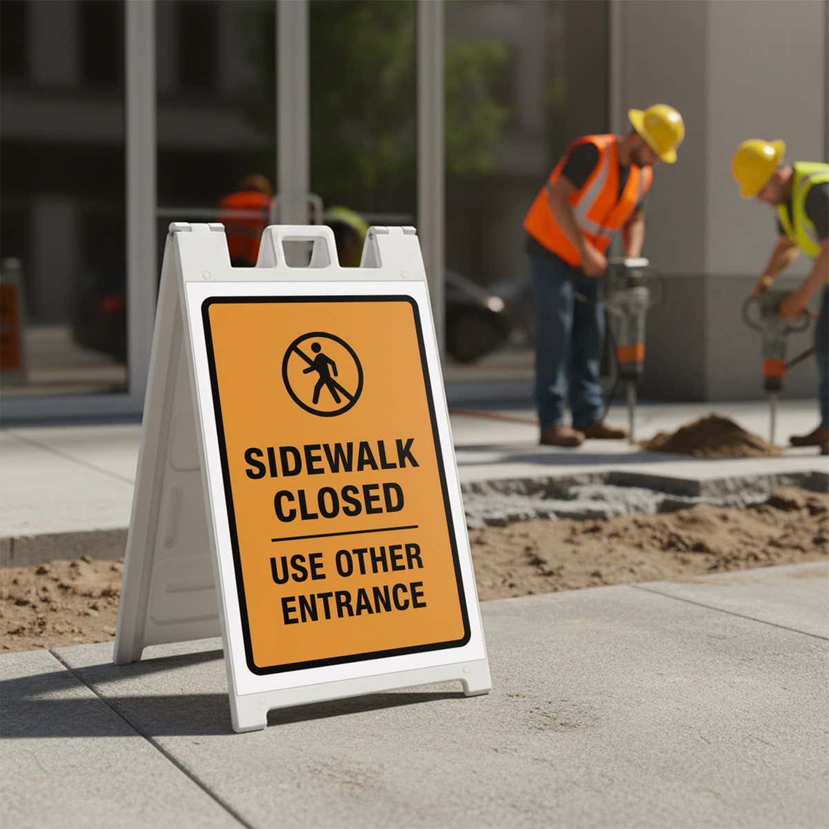 A custom sandwich board sign for a closed sidewalk
