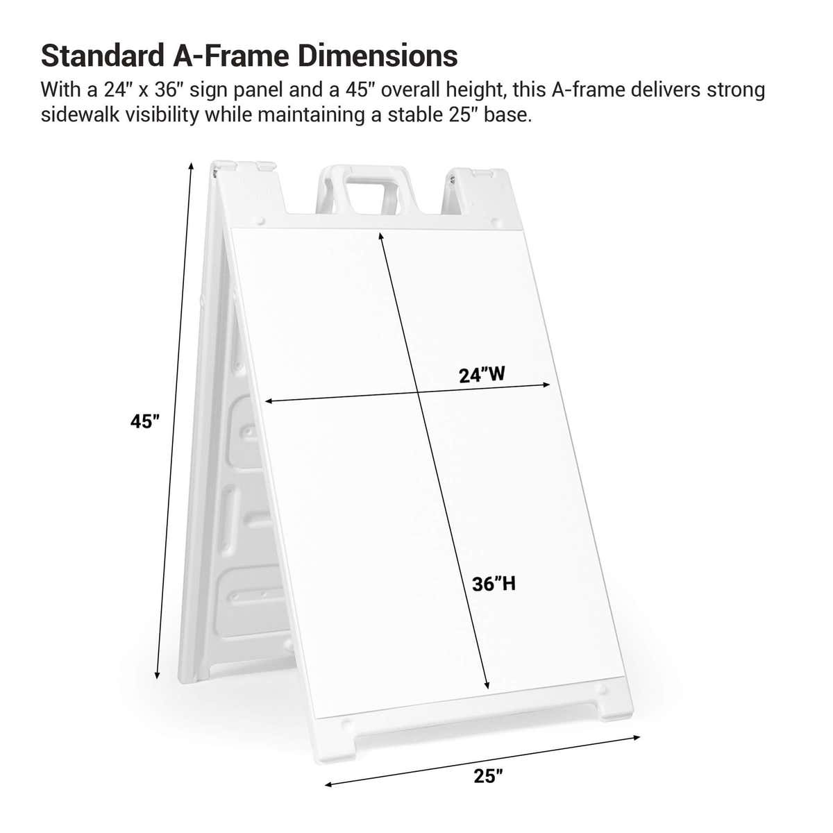 Standard A-frame sign dimensions: 24x36 inch panel, 45-inch overall height, 25-inch base