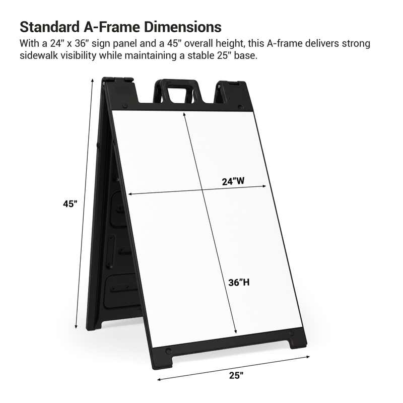 Size infographic for black A-frame sign: 24 x 36 insert in a 25 x 45 frame