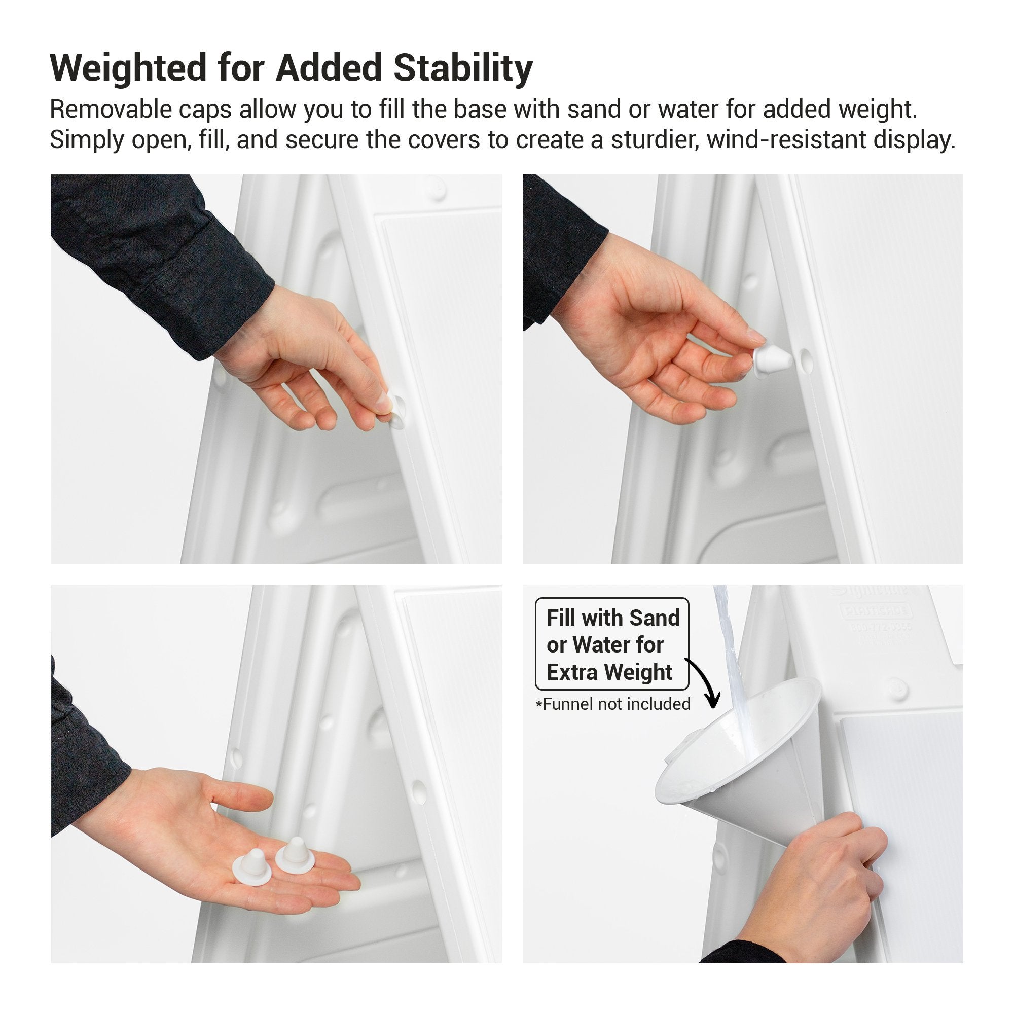 The plugs and hole on the side of the A-frame that allow you to fill the frame with sand or water for additional weight The plugs and hole on the side of the A-frame that allow you to fill the frame with sand or water for additional weight