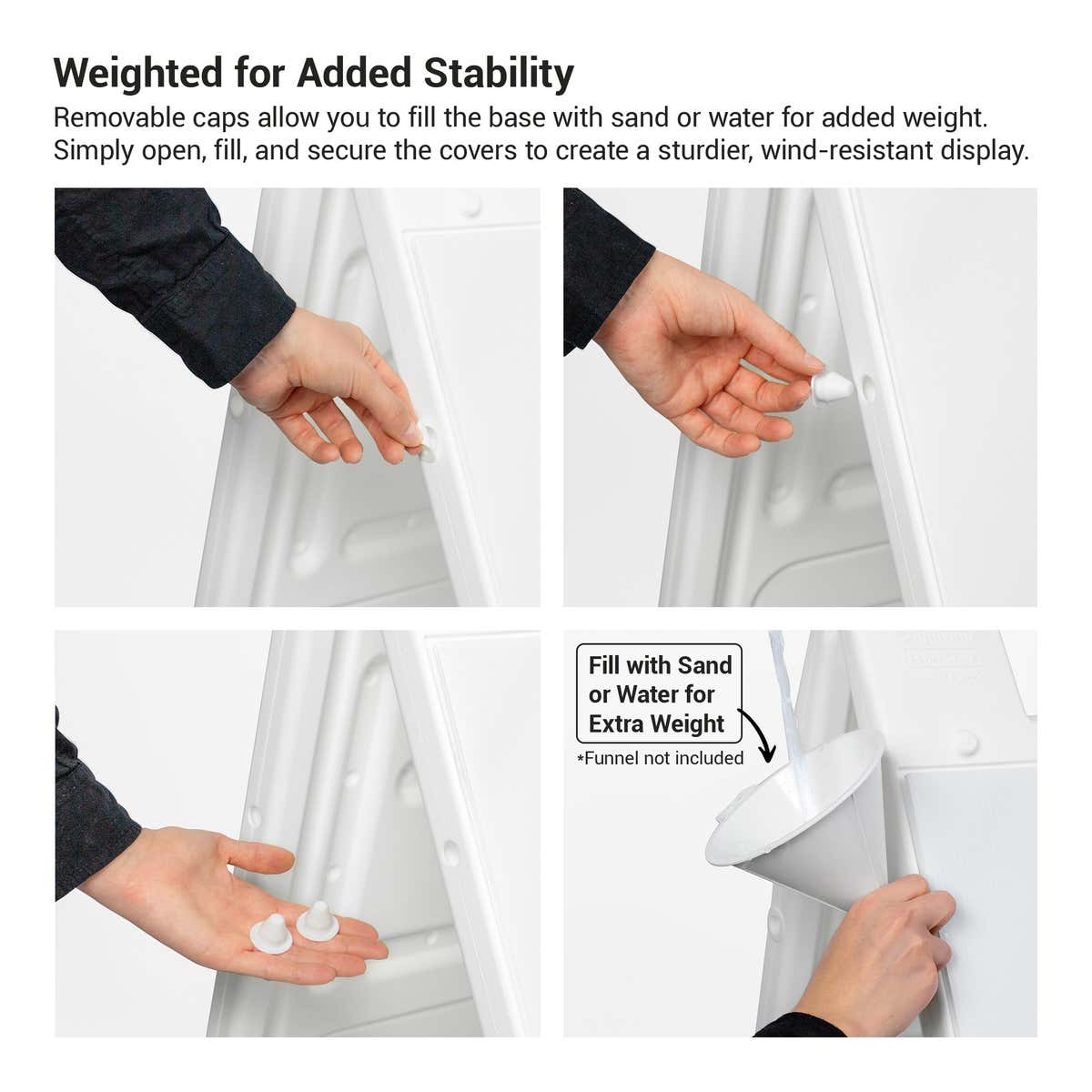 Weighted A-frame sign base filled with sand or water for wind-resistant stability