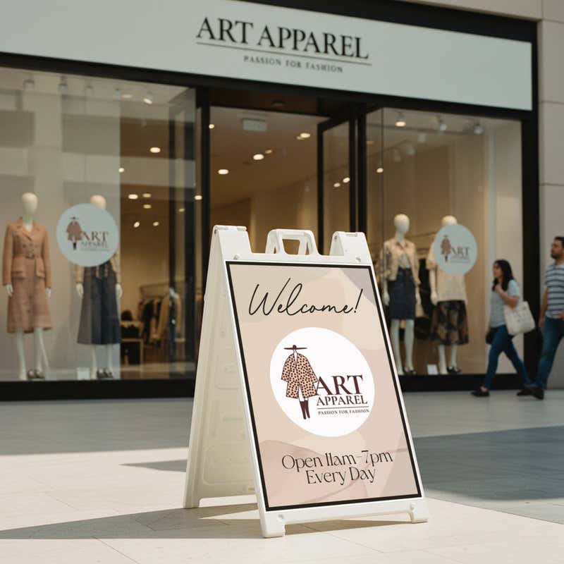 A sidewalk sign for an apparel store displayed outside