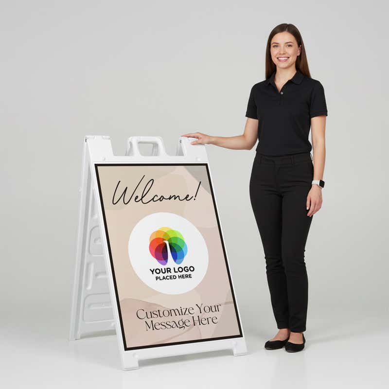 A woman standing next to a Welcome A-frame sign with her hand on the top of the sign