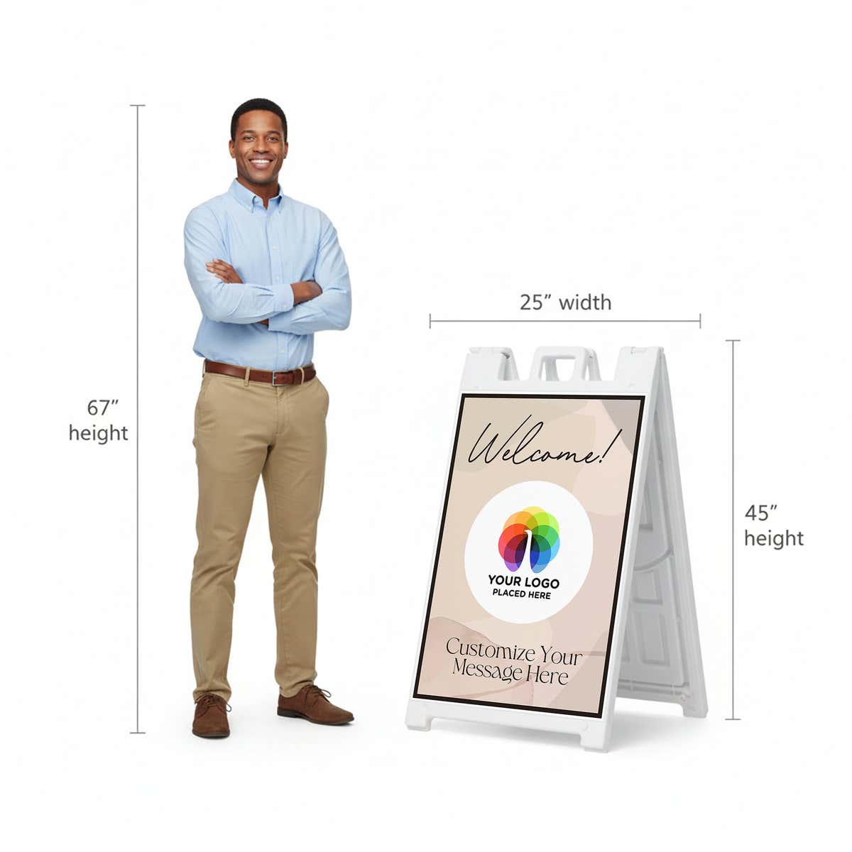 A 67-inch tall man standing next to the 45-inch tall A-frame to show the height comparison