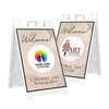 A welcome sandwich board sign with a custom logo and two lines of custom text