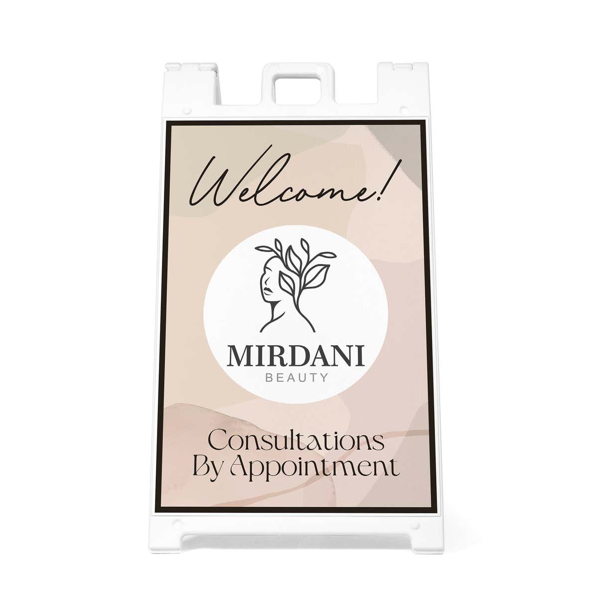 A welcome sandwich board sign with a custom logo and custom text