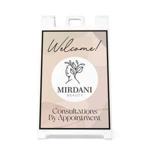 A welcome sandwich board sign with a custom logo and custom text