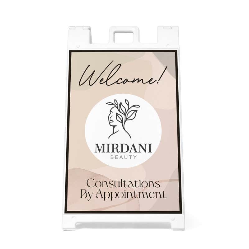 A welcome sandwich board sign with a custom logo and custom text