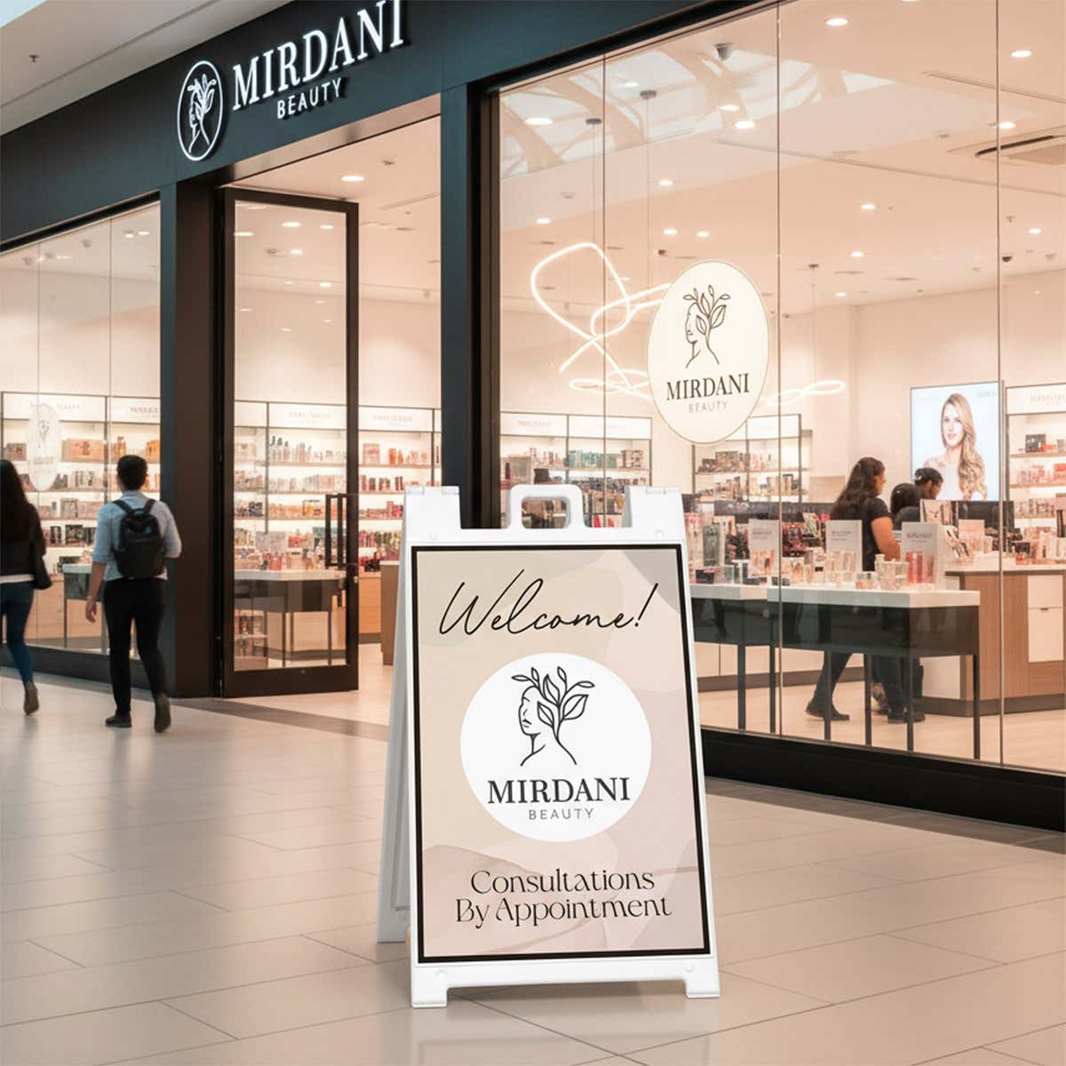 A beauty store welcome sign displayed inside a mall 
