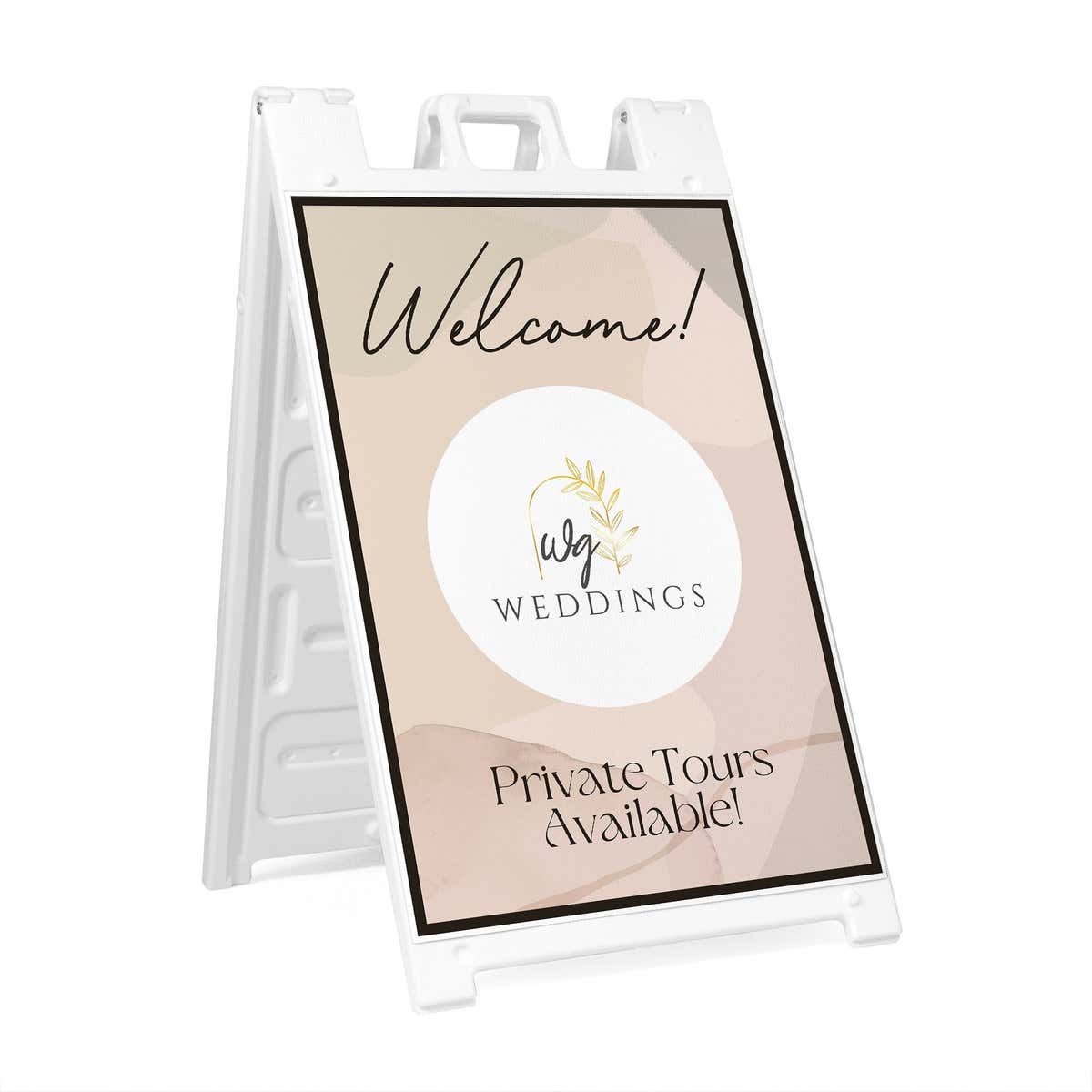 A welcome A-frame sign for a wedding venue that says private tours available