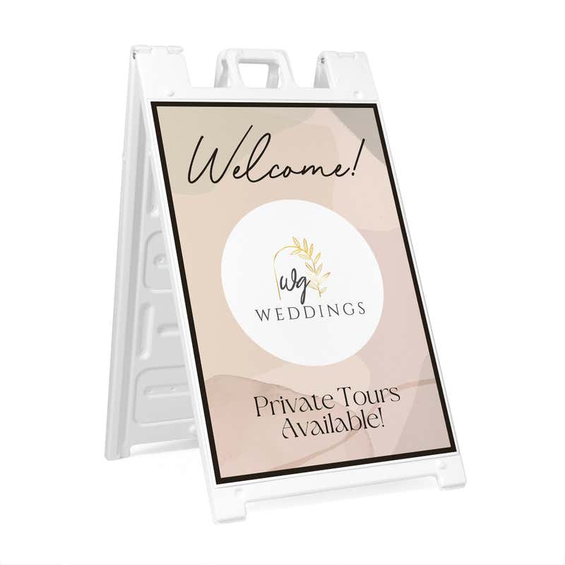 A welcome A-frame sign for a wedding venue that says private tours available
