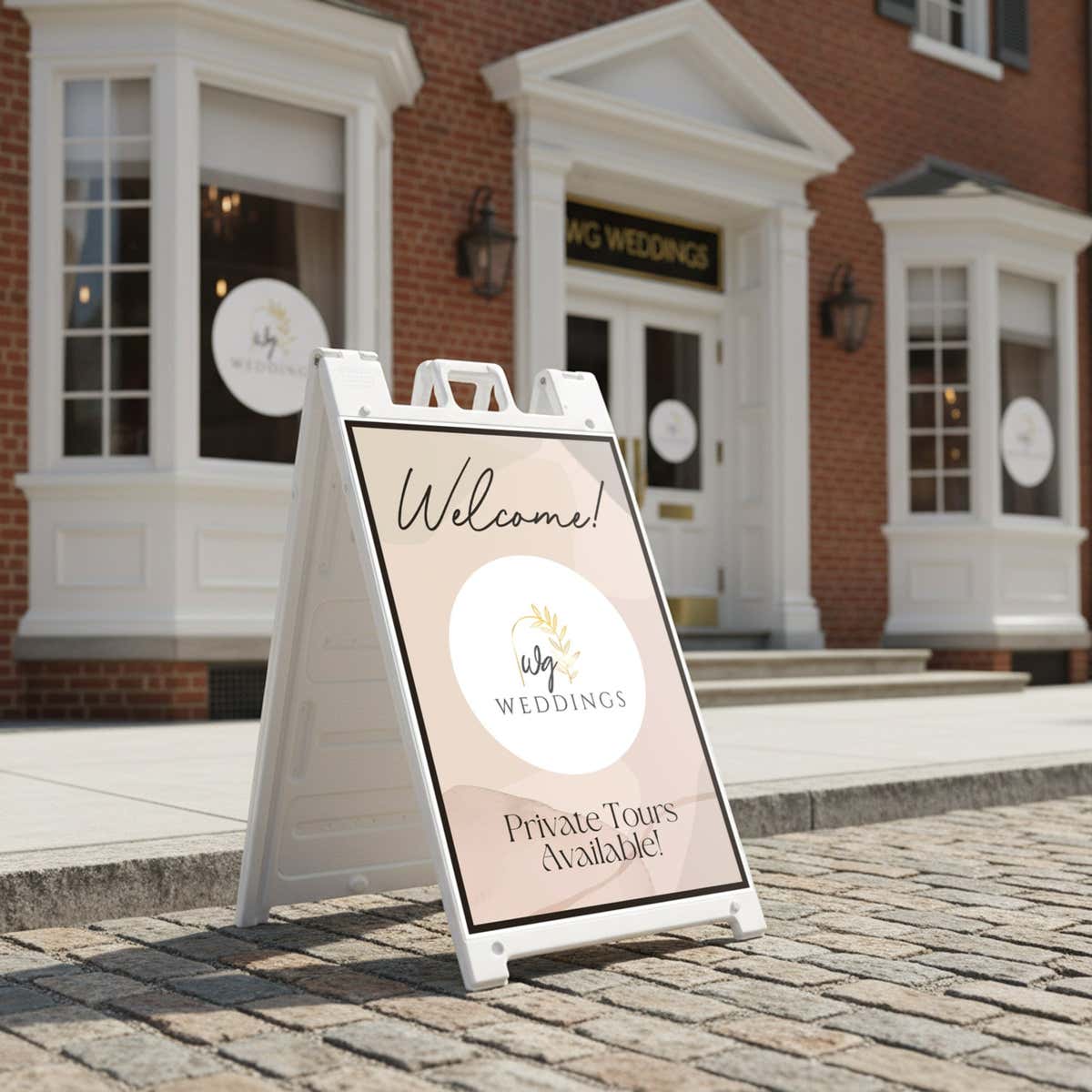 A wedding venue welcome sandwich board sign displayed outside