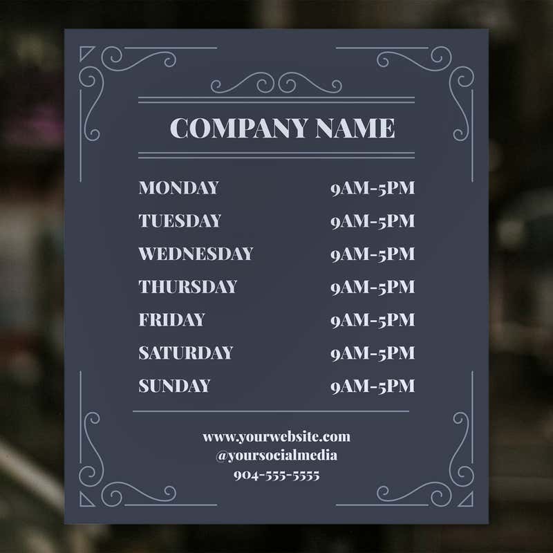 Business Hours Sign - Modern Design displayed on a window