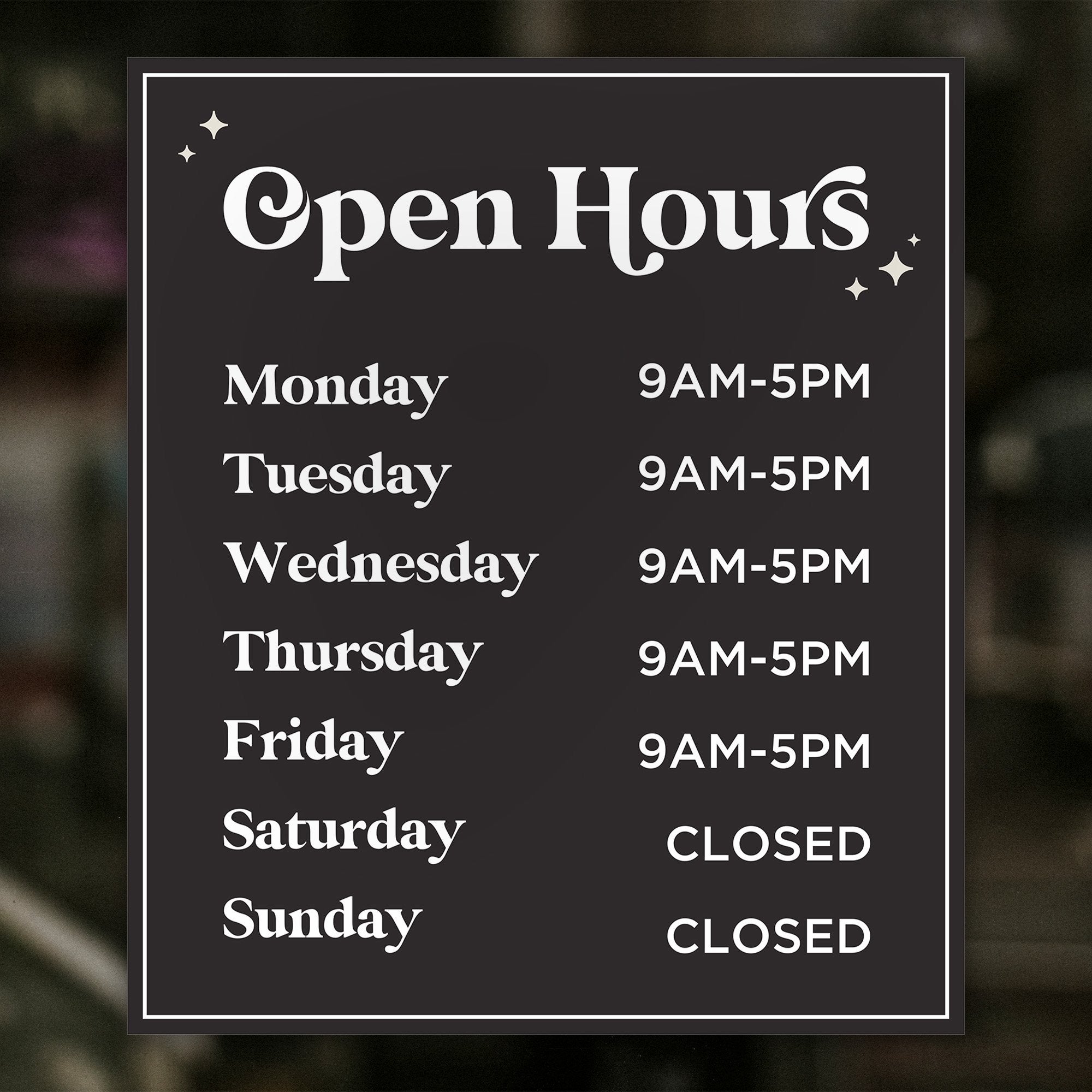 Business Hours Sign - Glamour Design displayed on a window