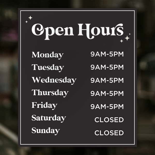 Business Hours Sign - Glamour Design displayed on a window