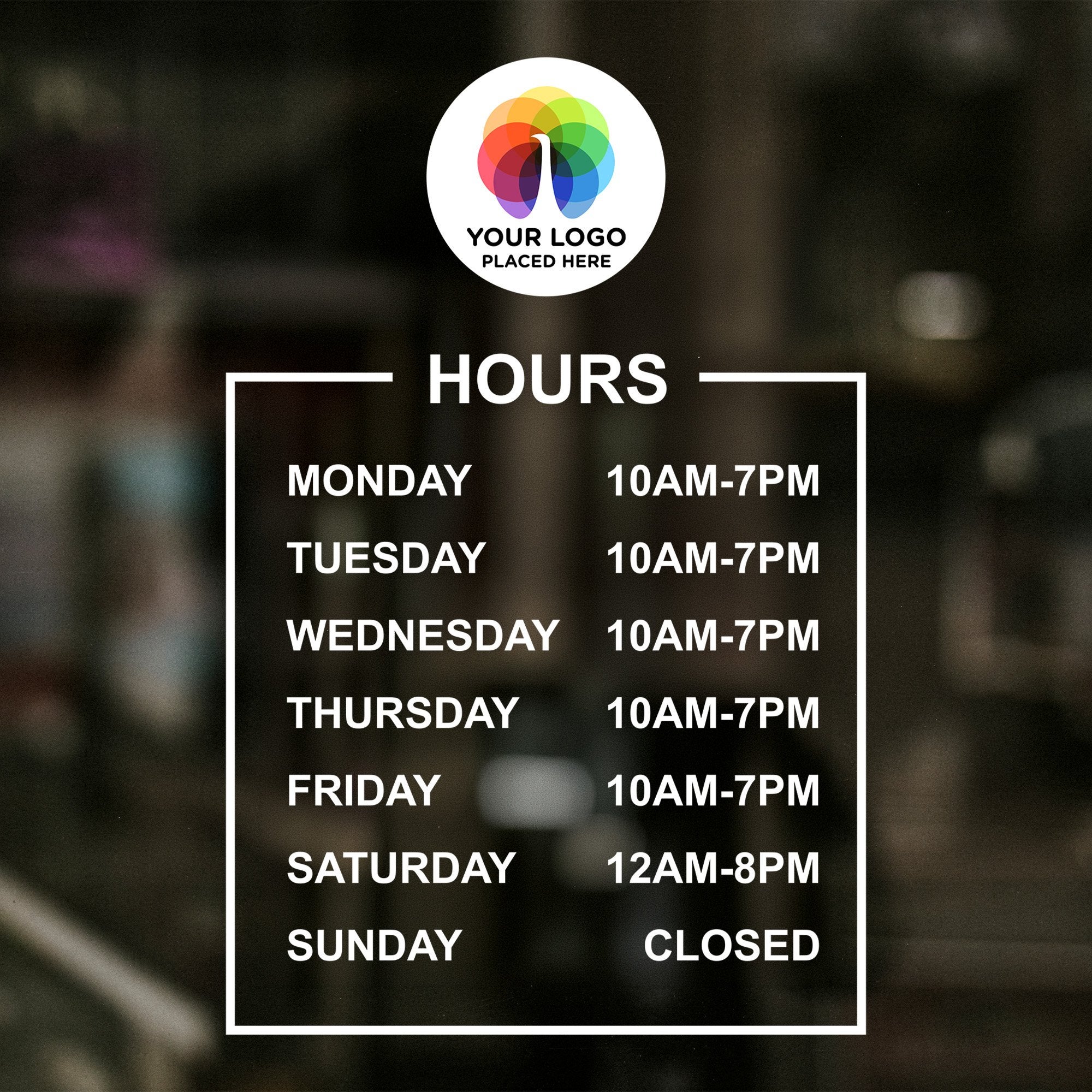 Custom Vinyl Business Hour Decal with Logo displayed on a window