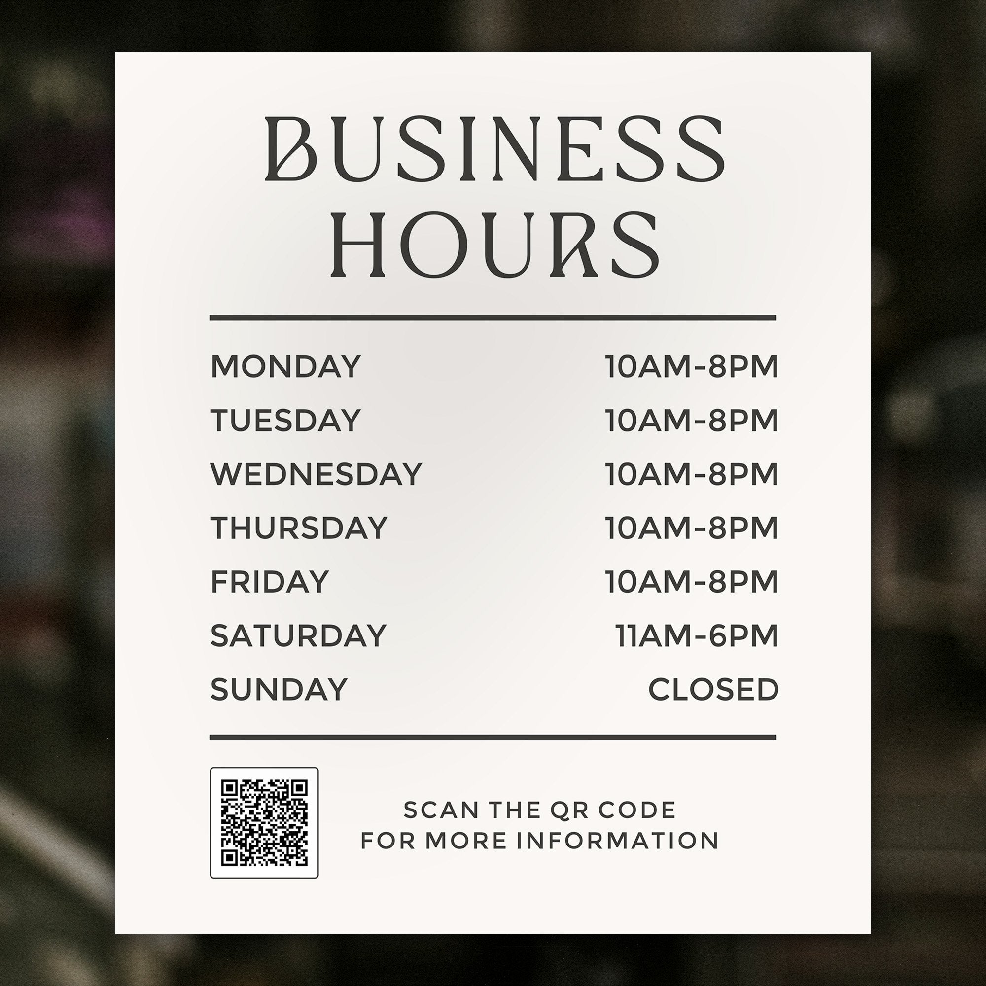 Business Hours Sign - Minimalist Design displayed in a window