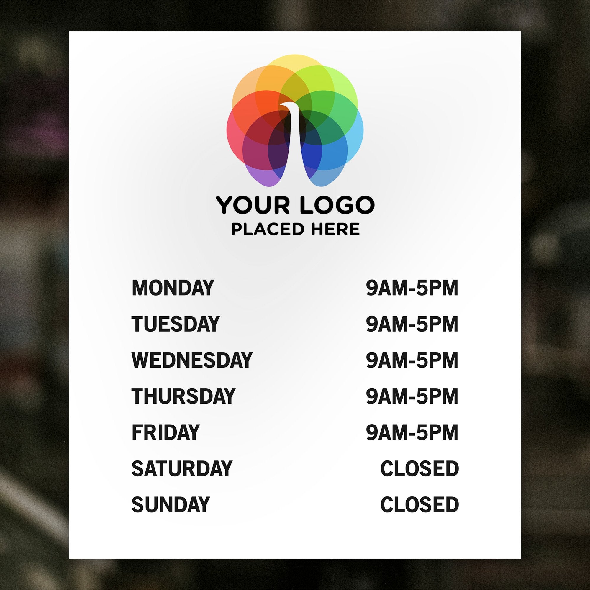 Custom Business Hours Sign with Logo displayed in a window