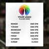 Custom Business Hours Sign with Logo displayed in a window