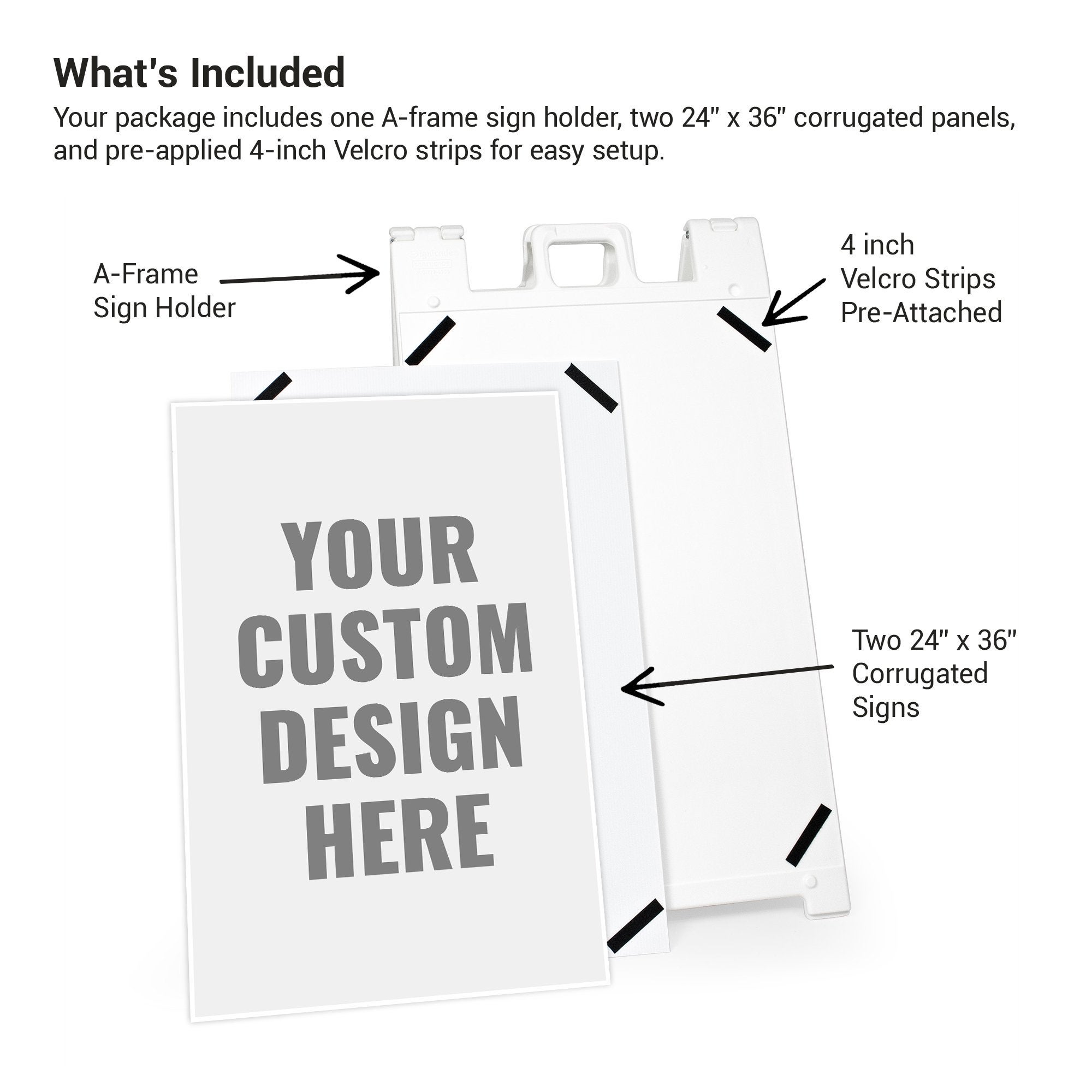 How the A-frame sign stays in place using hook-and-loop fasteners on each corner of the sign and can be removed without damaging the sign How the A-frame sign stays in place using hook-and-loop fasteners on each corner of the sign and can be removed without damaging the sign