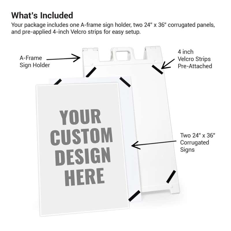 What's included: A-frame sign holder, two 24x36 corrugated panels, and pre-applied Velcro strips
