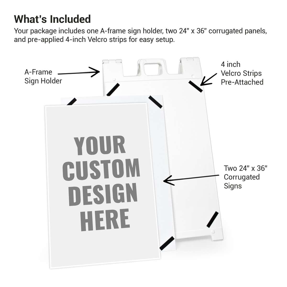 What's included: A-frame sign holder, two 24x36 corrugated panels, and pre-applied Velcro strips