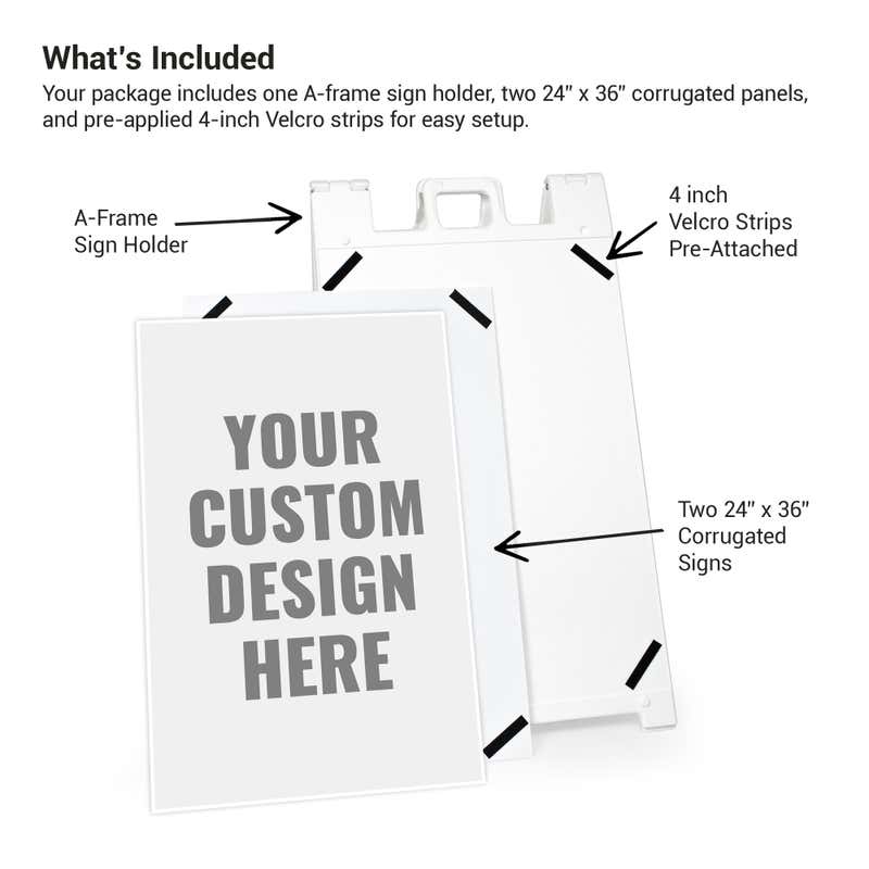 What's included: A-frame sign holder, two 24x36 corrugated panels, and pre-applied Velcro strips