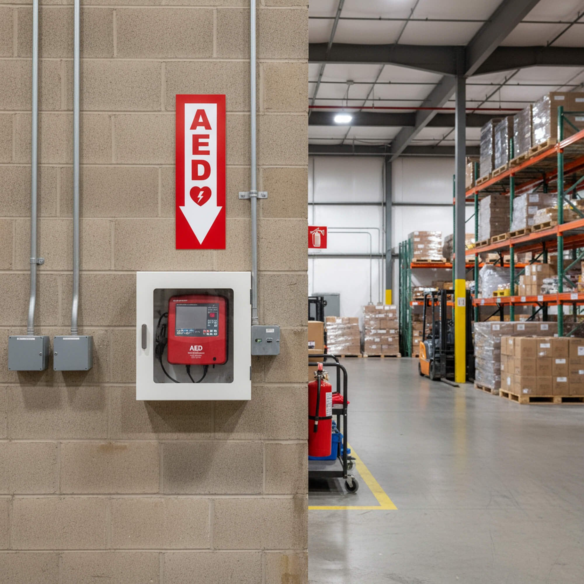 The 4x12 AED sign with an arrow pointing to the AED below