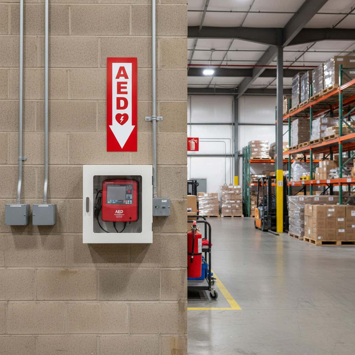 The 4x12 AED sign with an arrow pointing to the AED below