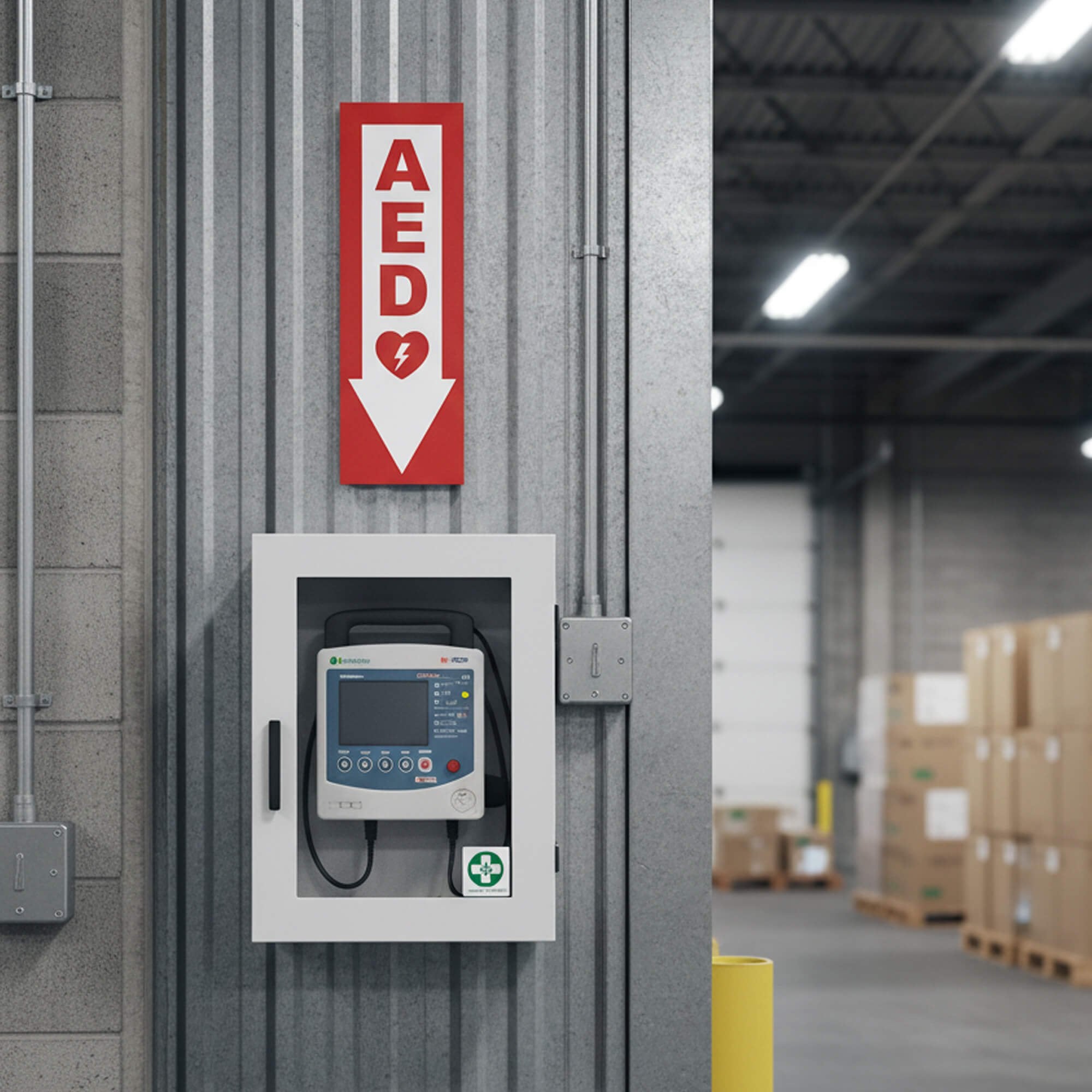 The AED Down arrow wall sign displayed above the AED in a warehouse